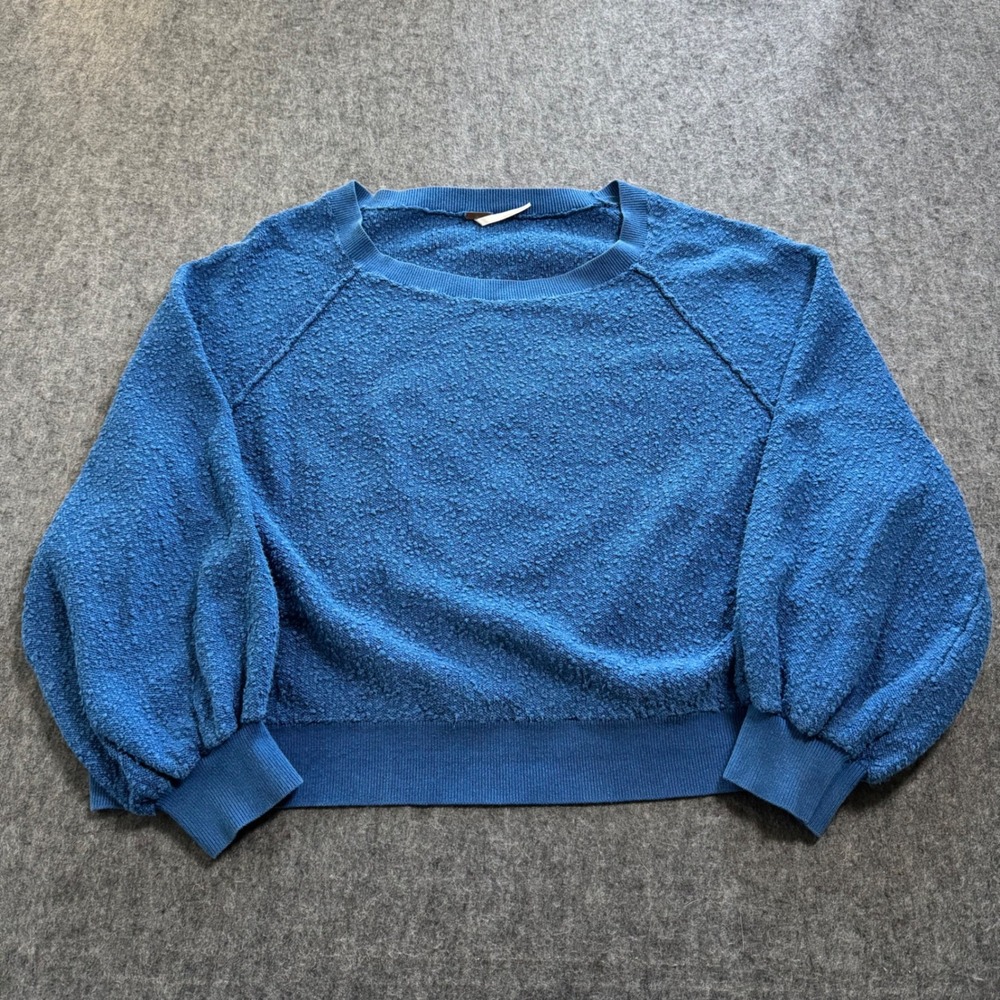 Free People Blue Textured Bouclé Knit Cropped Sweatshirt Balloon Sleeve Medium